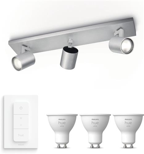 Philips Hue Runner Opbouwspot (Aluminium) - Warmwit Licht - Incl. Hue Dimmer Switch - Plafondspot met 3 Lichtpunten - GU10 - Hue White