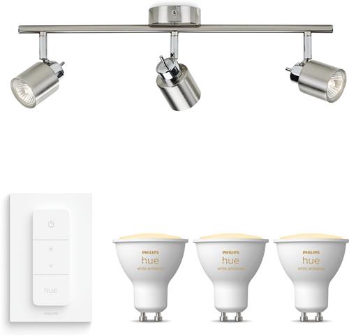 Philips Hue Meranti Opbouwspot (Mat Chroom) - Warm tot Koelwit Licht - Incl. Hue Dimmer Switch - Plafondspot met 3 Lichtpunten - GU10 - Hue White Ambiance
