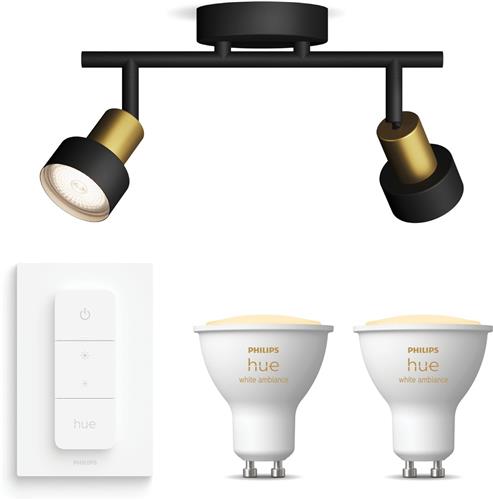 Philips Hue Conduit Opbouwspot (Zwart/Goud) - Warm tot Koelwit Licht - Incl. Hue Dimmer Switch - Plafondspot met 2 Lichtpunten - GU10 - Hue White Ambiance