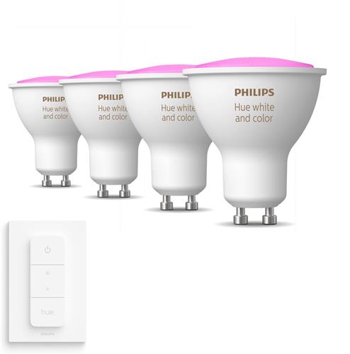 Philips Hue GU10 spot bundel 4 stuks - wit en gekleurd licht - 5,7W - Bluetooth - 1 Dimmer Switch - Dimbaar