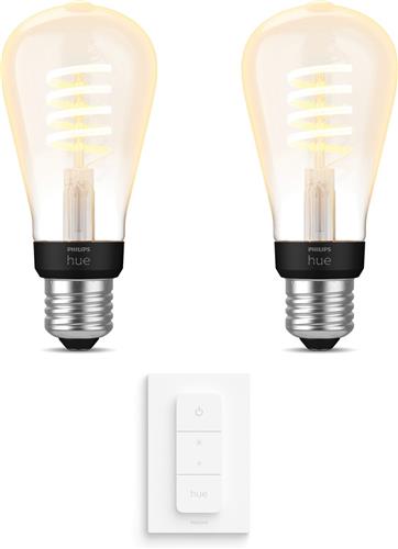 Philips Hue Uitbreidingspakket - E27 - met 2 Filament Edisonlampen Klein (ST64) - Warm tot Koelwit Licht - Incl. 1 Hue Dimmer Switch - Hue White Ambiance Filament
