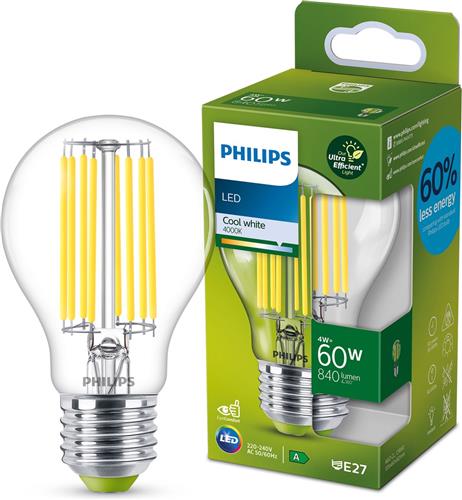 Philips Ultra Efficient LED lamp Transparant - 60 W - E27 - koelwit licht