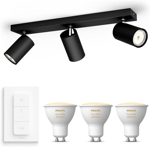Philips Hue Kosipo Opbouwspot (Zwart) - Warm tot Koelwit Licht - Incl. Hue Dimmer Switch - Plafondspot met 3 Lichtpunten - GU10 - Hue White Ambiance
