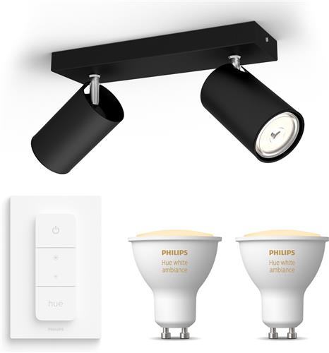 Philips Hue Kosipo Opbouwspot (Zwart) - Warm tot Koelwit Licht - Incl. Hue Dimmer Switch - Plafondspot met 2 Lichtpunten - GU10 - Hue White Ambiance