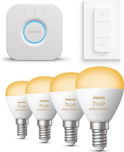 Philips Hue Starterspakket - E14 - met 4 Kogellampen - Warm tot Koelwit Licht - Incl. 1 Hue Bridge, 1 Hue Dimmer Switch - Hue White Ambiance