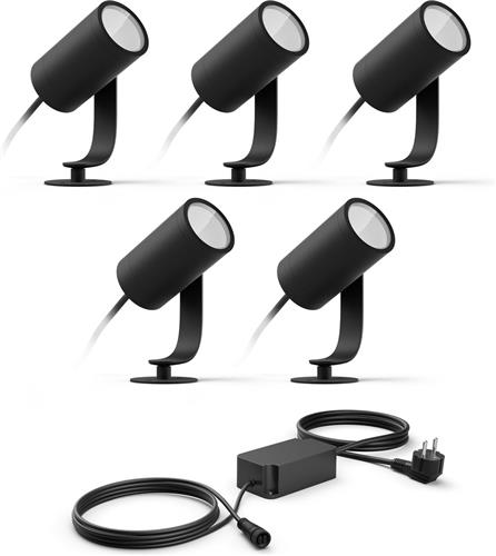 Philips Hue Lily Basisset van 5 Tuinspots (Antraciet) - Wit en Gekleurd Licht - Incl. 1 Voedingskabel - Tuinverlichting - Hue White and Color Ambiance