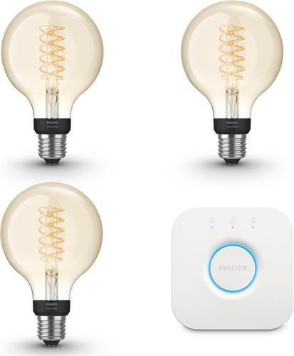 Philips Hue Starterspakket - E27 - met 3 Filament Globelampen Klein (G93) - Warmwit Licht - Incl. 1 Hue Bridge - Hue White Filament