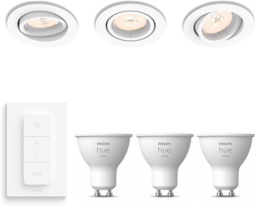 Philips Hue Enneper Set van 3 Inbouwspots (Wit) - Rond - GU10 - Warmwit Licht - Incl. Hue Dimmer Switch - Hue White