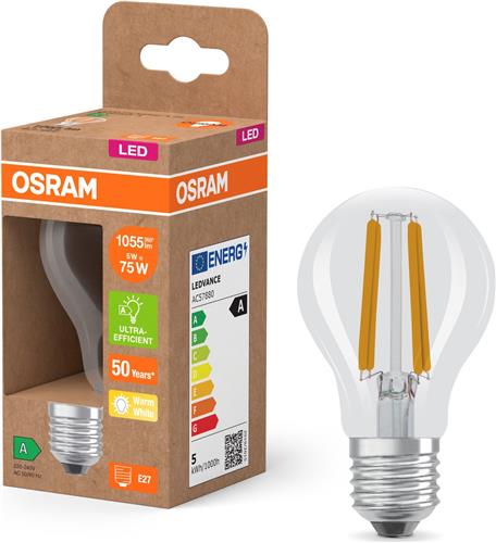 OSRAM LED Superstar Classic LED-lamp A 75 in klassieke gloeilampvorm, behuizing van helder glas, 5 W, 1055 lm, E27 fitting, 2700 K voor warm wit licht, EEK A, diameter 60 mm.