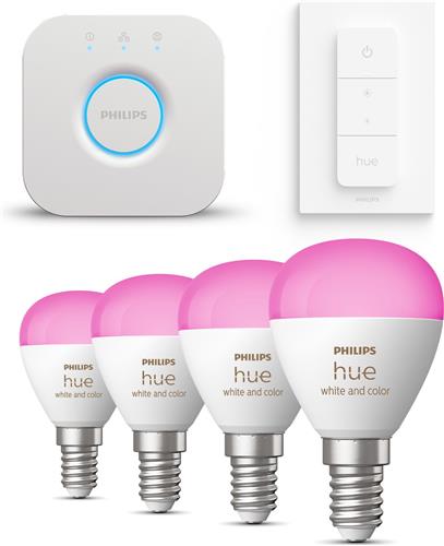 Philips Hue Starterspakket - E14 - met 4 Kogellampen - Wit en Gekleurd Licht - Incl. 1 Hue Bridge, 1 Hue Dimmer Switch - Hue White and Color Ambiance