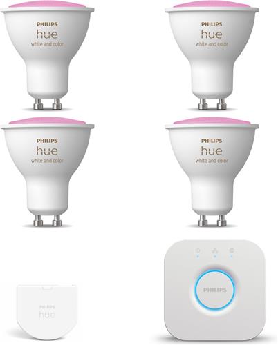 Philips Hue Starterspakket - GU10 - met 4 Spotjes - Wit en Gekleurd Licht - Incl. 1 Hue Bridge, 1 Hue Wall Switch - Hue White and Color Ambiance