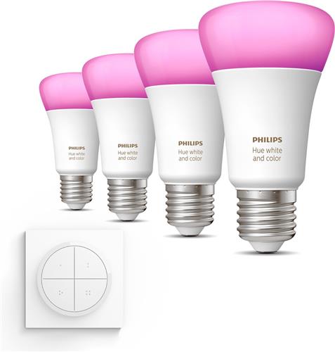 Philips Hue Uitbreidingspakket - E27 - met 4 Standaard Lampen - Wit en Gekleurd Licht - Incl. 1 Hue Dial Switch (Wit) - Hue White and Color Ambiance