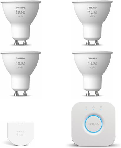 Philips Hue Starterspakket - GU10 - met 4 Spotjes - Warmwit Licht - Incl. 1 Hue Bridge, 1 Hue Wall Switch - Hue White