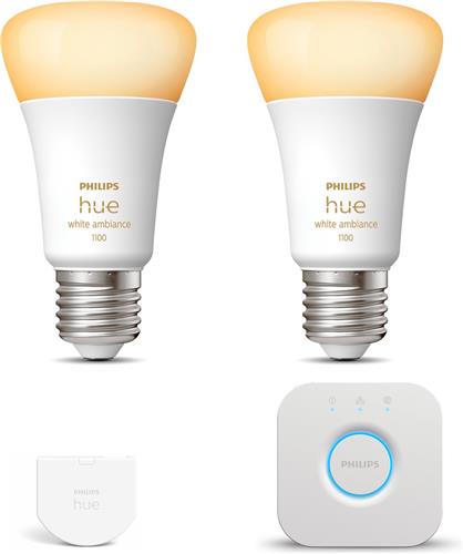 Philips Hue Starterspakket - E27 - met 2 Standaard Lampen - Warm tot Koelwit Licht - Incl. 1 Hue Bridge, 1 Hue Wall Switch - Hue White Ambiance
