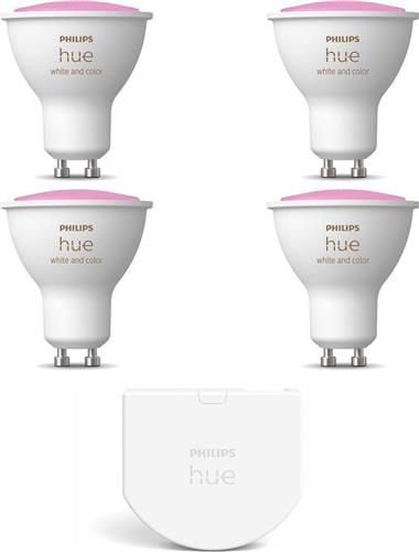 Philips Hue Uitbreidingspakket - GU10 - met 4 Spotjes - Wit en Gekleurd Licht - Incl. 1 Hue Wall Switch - Hue White and Color Ambiance