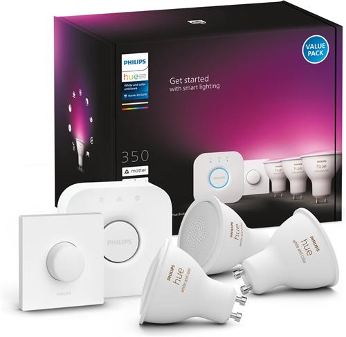 Philips Hue White and Color ambiance Starterkit: 3 GU10 slimme spots + smart button & Bridge