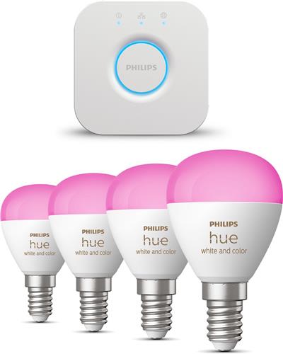 Philips Hue Starterspakket - E14 - met 4 Kogellampen - Wit en Gekleurd Licht - Incl. 1 Hue Bridge - Hue White and Color Ambiance