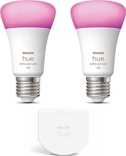Philips Hue Uitbreidingspakket - E27 - met 2 Standaard Lampen - Wit en Gekleurd Licht - Incl. 1 Hue Wall Switch - Hue White and Color Ambiance