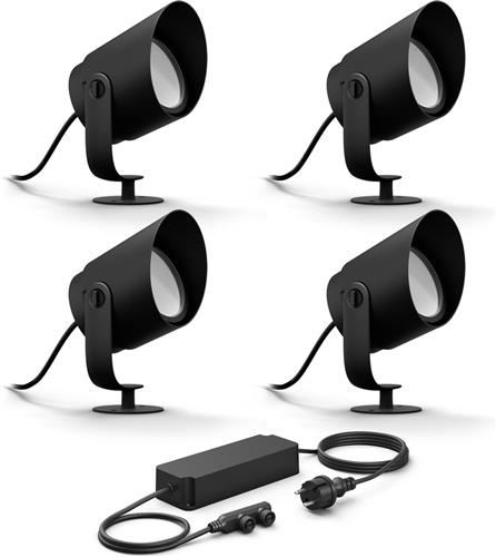 Philips Hue Lily XL Basisset van 4 Tuinspots (Antraciet) - Wit en Gekleurd Licht - Incl. 1 Voedingskabel - Tuinverlichting - Hue White and Color Ambiance