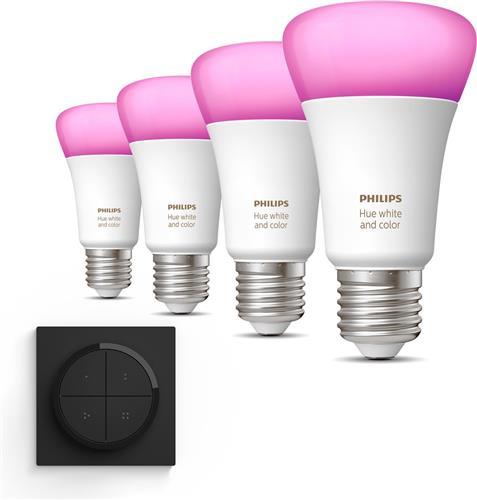 Philips Hue Uitbreidingspakket - E27 - met 4 Standaard Lampen - Wit en Gekleurd Licht - Incl. 1 Hue Dial Switch (Zwart) - Hue White and Color Ambiance