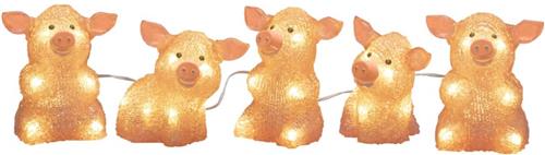 Verlicht kerstfiguur voor buiten - 5 roze varkentjes - 12 cm hoog