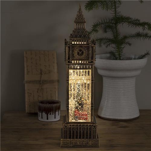 Kerstlantaarn voor binnen  Big Ben met bus en kerstboom - Warm wit  38cm - Sneeuwlantaarn - Kerstverlichting op USB & batterijen incl. Timer