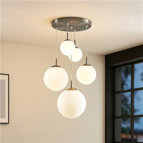 Lindby - hanglamp - 5lichts - metaal, glas - E27 - mat nikkel, opaal wit